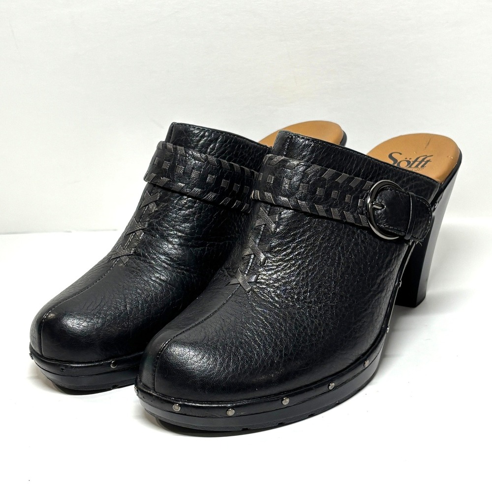Sofft Women 10 Black‎ Cassi Heeled Clog Braided Leather Comfort Boho Lagenlook